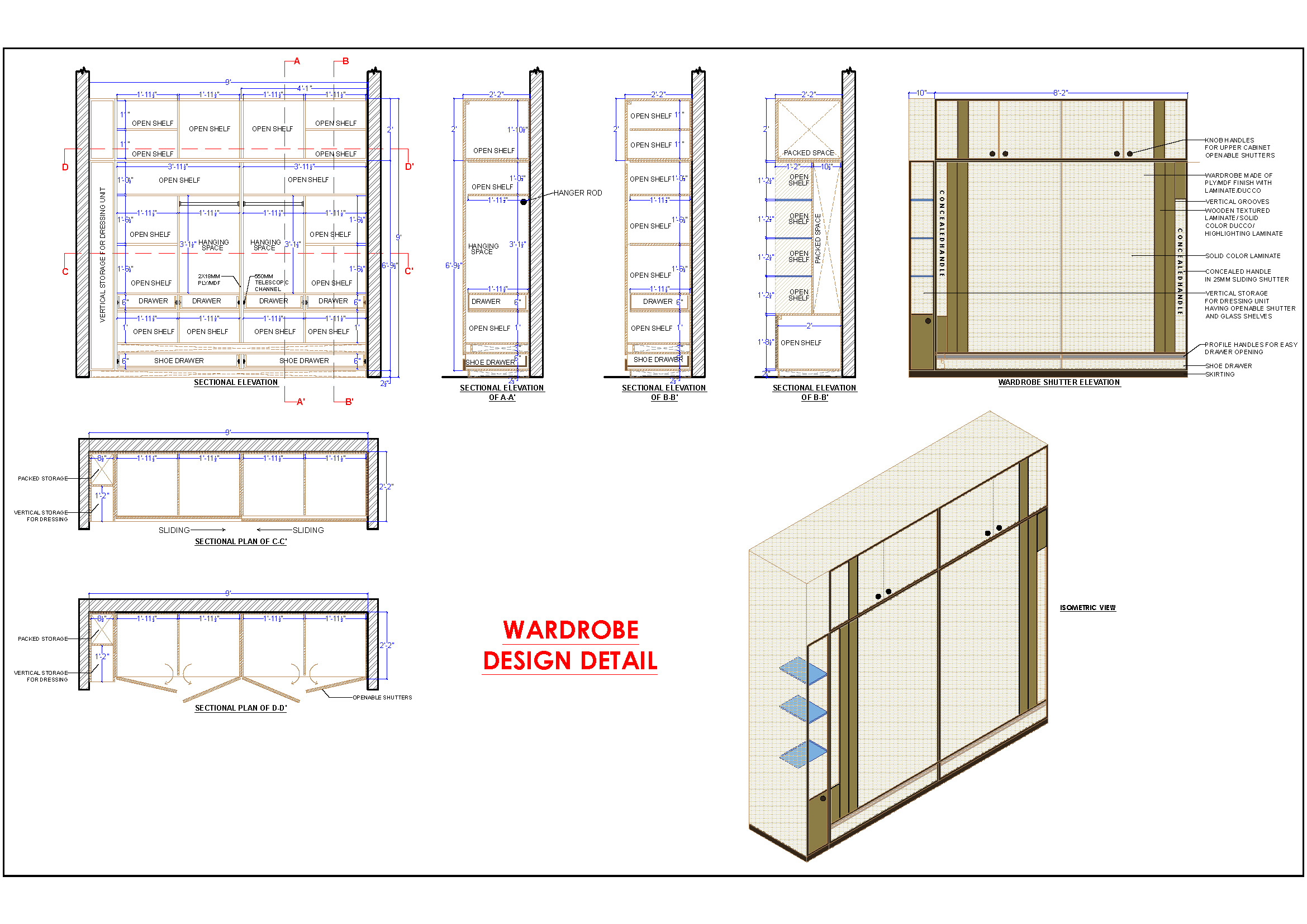 Sliding Wardrobe CAD Plan, Elevation, and Sections